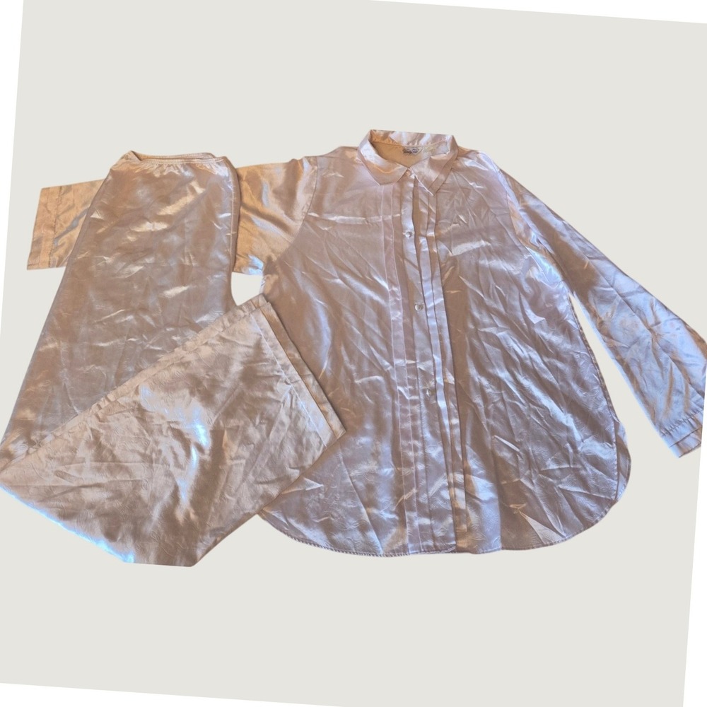 Vintage Vanity Fair Satin Pajama Set Womens L Pink Floral Button Front